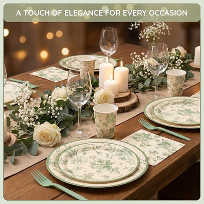 100 Pcs Disposable Sage Green Floral Tableware Set - Image 2