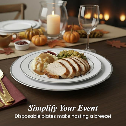 Aya's 100 Silver Rimmed Disposable Plates Set, Heavy Duty - 50 Dinner and 50 Dessert Plastic Plates for Party - Elegant White and Silver Design, Durable Tableware for Weddings, Events and Celebrations