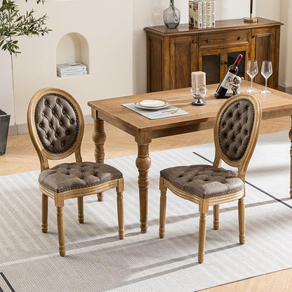 Vintage French Dining Chairs Set of 2, Round Back PU Leather Upholstered Accent Chairs with Nailhead Trim and Solid Wood Frame, Farmhouse Sillas de Comedor for Dining Room & Kitchen, Distressed Brown