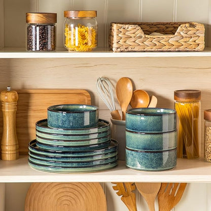 vancasso Starry Plates and Bowls Sets,12 Pieces Green Dinnerware Sets for Kitchen,Modern Stoneware Dishes Set for 4,Dishwasher and Microwave Safe
