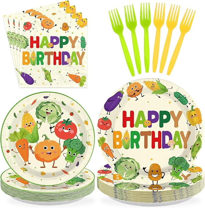 96Pcs Vegetable Birthday Party Decorations, Serves 24 | Cute Vegetable Plates by Greencian