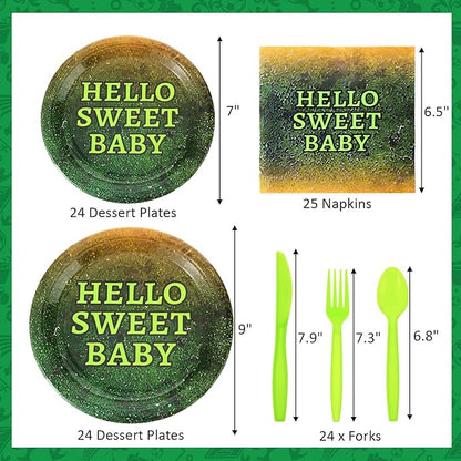 Yungyan 24 Sets Green Disposable Paper Plates and Napkins Forks Plates Nature Green Ogre themed Gender Reveal Themed Party Tableware Set Dinnerware for Baby Shower Bridal Shower Wedding