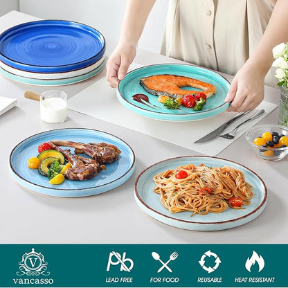 vancasso Bonita 10.5 Inch Dinner Plates, Ceramic Dinner Plate Set, Dinner Plates Set of 6, Large Dinnerware Plates for Kitchen, Microwave, Oven and Dishwasher Safe, Blue