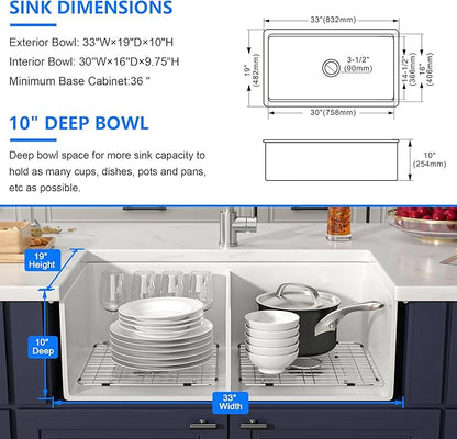 33 White Glossy Kitchen Sink 33''x19'' Undermount Fireclay Sink Single Bowl Porcelain Sinks Ceramic Deep Bowl Farmer Basin with Bottom Grid & Strainer Easy To Clean and Noise Reduction