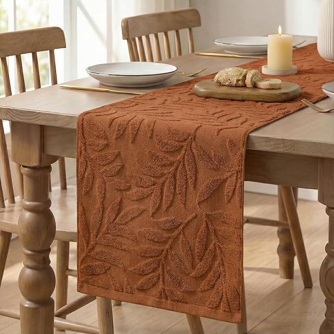 Artoid Mode Caramel Soft 3D Jacquard Leaves 100% Cotton Spring Table Runner - Image 6