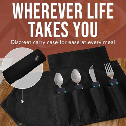 BUNMO Adaptive Utensils for Elderly, Arthritis, Weak Hand Grip, Tremors & Handicapped - Convenient Travel Pouch - 3.35oz Lightweight - Stainless Steel - Eat Independently - Adaptive Blue 4 Piece Set
