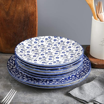 Selamica 8 inch Porcelain Dinner Plates, Large Size Serving Plate for Salad, Pancakes, Steak, Set of 6, Vintage Blue