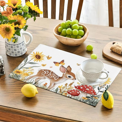 Cute Deer Placemats Set of 4, Sunflower Butterfly Place Mats, Sika Deer Waterproof Washable Table Mats for Home Party Indoor Kitchen Dining Table Decoration 12x18 Inch