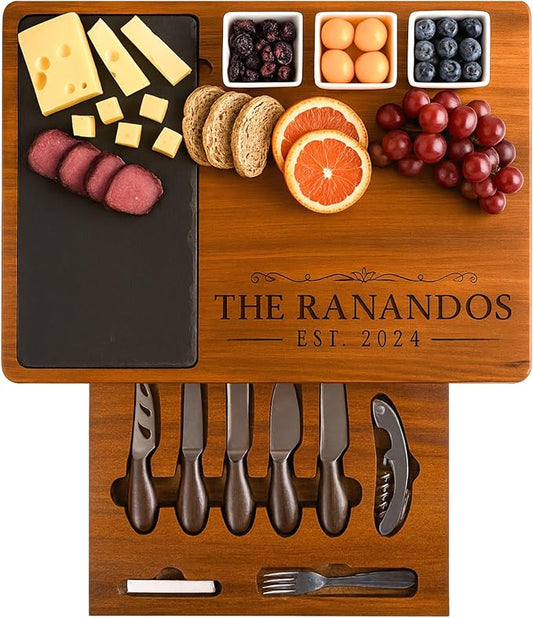 Personalized Acacia Wood Charcuterie Board Set with Stainless Steel Knives – Custom Cheese Board for Wedding, Valentines Day Gifts for Her, Housewarming, Bridal Shower, Anniversary, Women and Couples