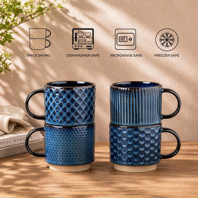 GBhome 12 OZ Stackable Coffee Mugs Set of 4, Ceramic Coffee Cups Set | Coffe - Image 8