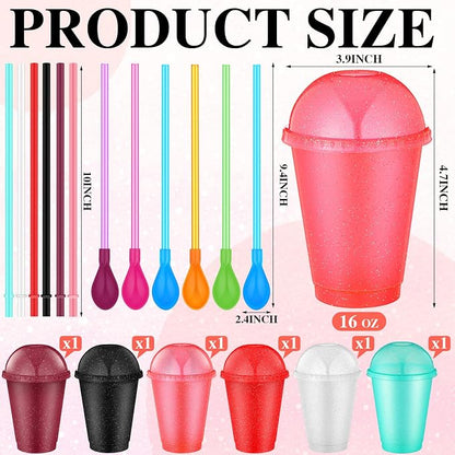 6 Set Slushie Cups with Dome Lids and Straws Detachable Spoon Straws Reusable - Image 2