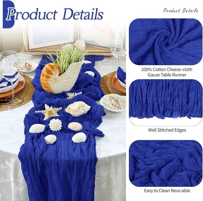 3 Pack Royal Blue Cheesecloth Table Runner 17x108 Inch Semi Sheer Boho Gauze - Image 5
