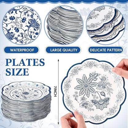 Umigy 120 Pcs 7 Inch Blue and White Floral Disposable Plates Blue Chinoiserie Floral Dessert Paper Plates for Wedding Bridal Shower Party Supplies