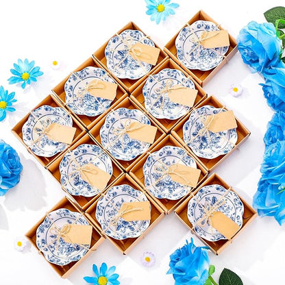 12 Pcs Wedding Favors for Guests Small Ceramic Bowl Bulk Gifts Set 3.3 Inch Floral Design Mini Dipping Sauce Dish with Card Box for Bridal Pooja Baby Shower Birthday Guest Gift (Blue)
