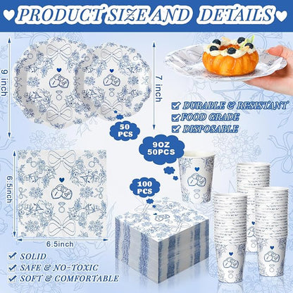 250 Pcs Blue Bachelorette Disposable Paper Plates and Napkins | Serves 50 Guests - Image 2
