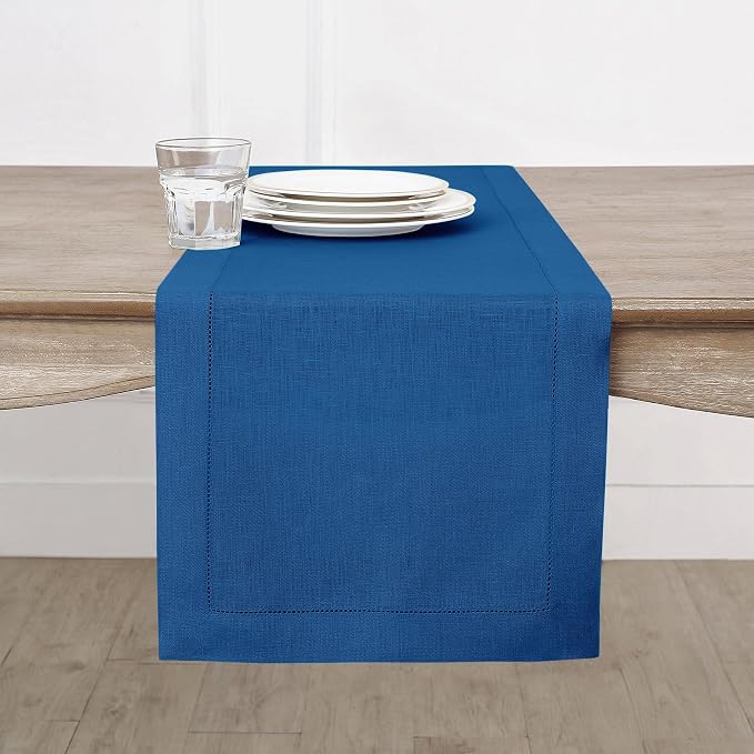 Solino Home 100% Pure Linen Table Runner Indigo Blue Hemstitch, 14 x 156 in | by SolinoHome