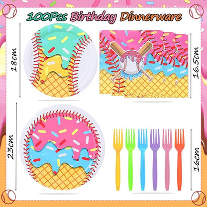 Yungyan 24 Sets Ice Cream Drip Baseball Party Supplies Disposable Ice-cream Drip Baseball Paper Plates and Napkins Forks Summer Sports Party Baby Shower Decoration Tableware Set Dinnerware for Women