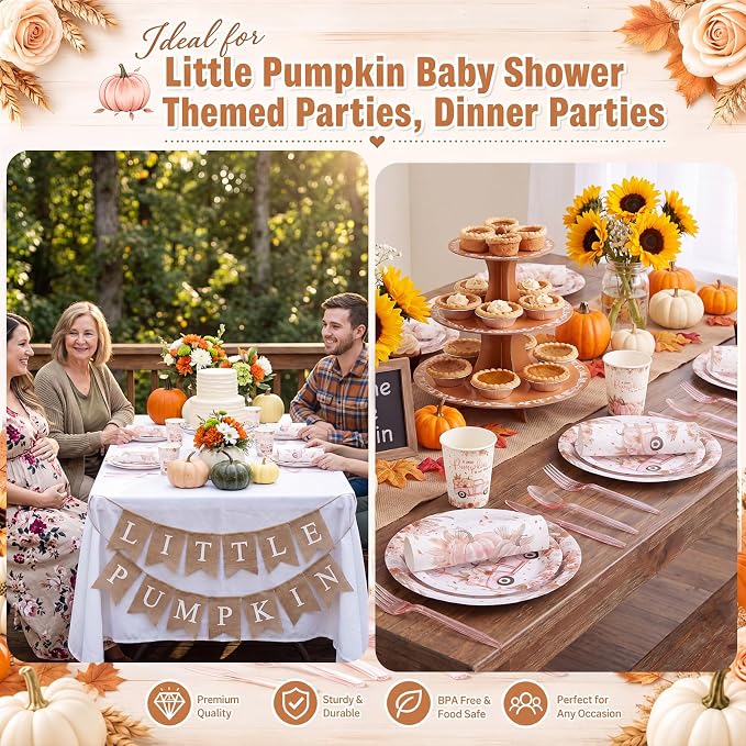 450 Pcs Little Pumpkin Baby Shower Set Decorations, Serves 50 | Pink A Little - Image 5