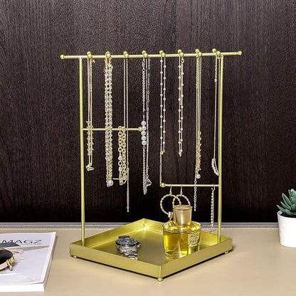 MyGift Matte Metal T Bar Jewelry Stand Organizer with Ring Tray, 3 Bracelet and Necklace Bars and 2 Earring Storage Hanger Bars for 18 pairs of Earrings (Brass)