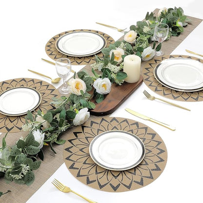 SHACOS 15 inch Round Vinly Placemats Set of 6 Boho Flower Print Place Mats Wipeable Non Slip Stain Heat Resistant Woven Table Mats Indoor Outdoor (6, Round Flower Black)
