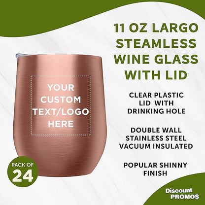Custom Stemless Wine Glass Tumblers with Lids by Largo 11 oz. Set of 24, Personalized Bulk Pack - Perfect for Wine, Cocktails, Other Hot & Cold Beverages - Rose Gold