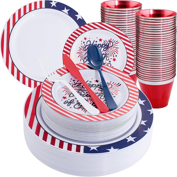 LIYH 180 Pcs 4th of July Plastic Plates Red White Blue, Plastic Silverware by LIYHLoveinyourheart