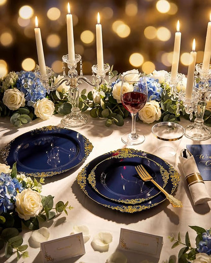 Nervure 350Pcs Blue Plastic Plates - Blue Gold Plastic Dinnerware Sets for 50 Guests - 100 Navy Gold Disposable Plates, 50 Pre Rolled Silverware, 50 Cups Perfect for Wedding & Party