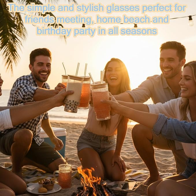Glass Cups with Lids and Straws 16 oz Drinking Glasses Set of 8 | Ribbed - Image 7