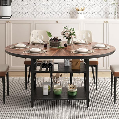 VFK 47.2"-63" Extendable Round Dining Table Set for 4–6, Solid Wood & Metal Table with Wine Rack Storage Shelf, Walnut Kitchen Furniture with 4 Upholstered Chairs (Storage Table and 4 Brown Chairs)