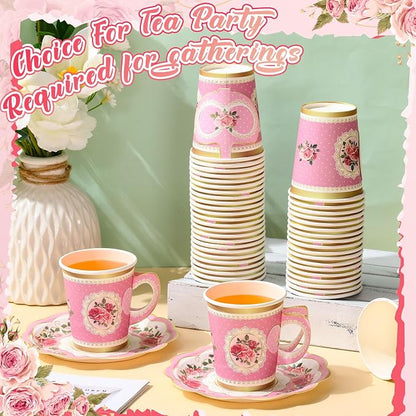 Tioncy 100 Pcs Tea Party Decorations Include 50 Pieces 9 oz Paper Tea Cups - Image 4