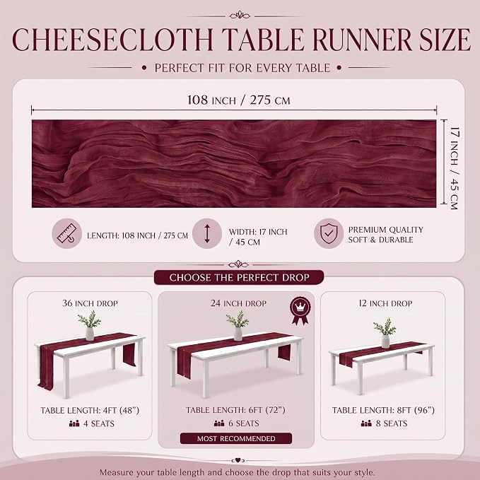 2 Pack Burgundy Cheesecloth Table Runner 17x108 Inch Boho Rustic Semi Sheer - Image 3