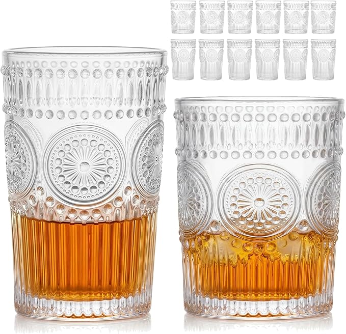 Moretoes Vintage Drinking Glasses Set of 12, Textured Striped Glass Cups | by Moretoes