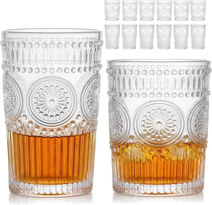 Moretoes Vintage Drinking Glasses Set of 12, Textured Striped Glass Cups | by Moretoes