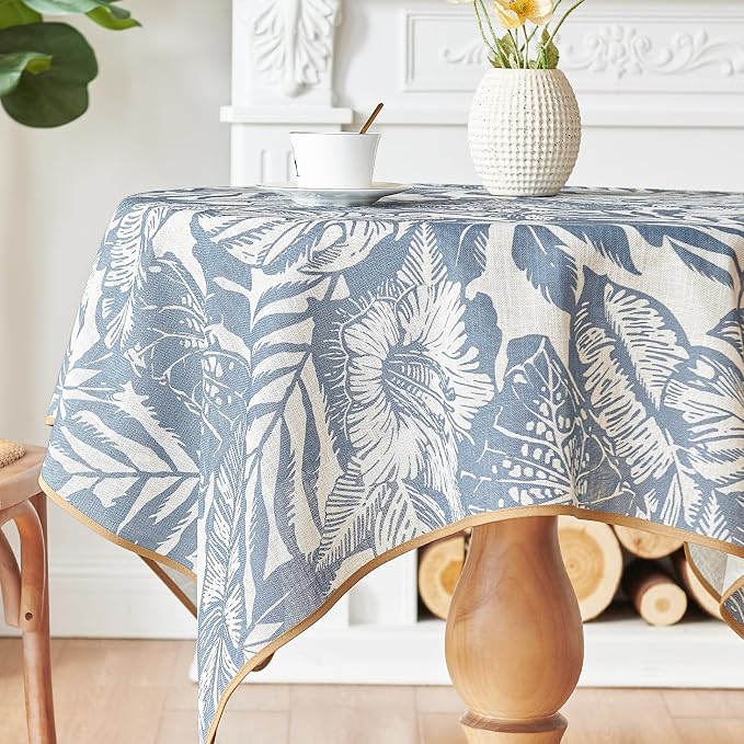 jinchan Blue Tropical Floral Linen Square Table Cloth 50x50 | Tropical - Image 2