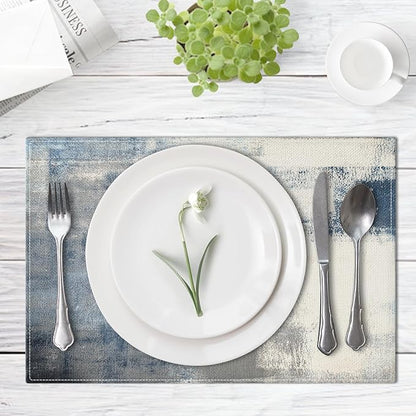 Emvency Farmhouse Placemats Set of 4, Vintage Blue and Grey Abstract Art Painting 12x18 Inch Table Mats for Outdoor Home Party Kitchen Dining Decoration