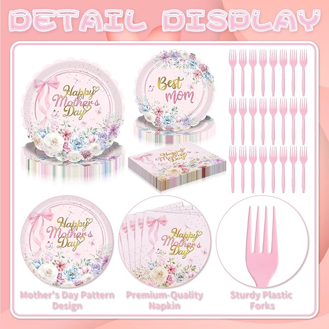 Gistome 96 Pieces Mother’s Day Floral Tableware Set – Pink Scalloped Disposable - Image 3