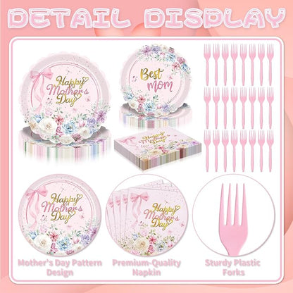 Gistome 96 Pieces Mother’s Day Floral Tableware Set – Pink Scalloped Disposable - Image 3
