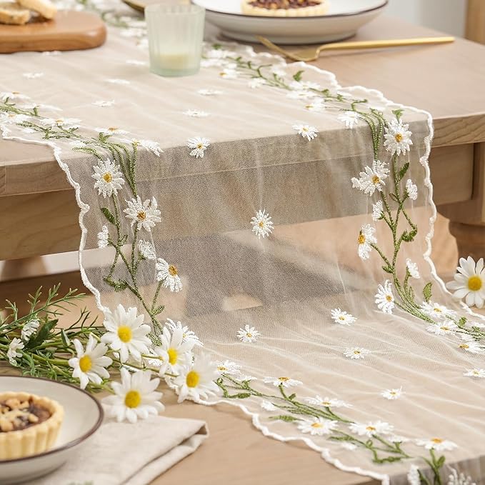Artoid Mode Daisy Floral Beige Apricot Shaped Gauze Embroidery Table Runner 120 - Image 7