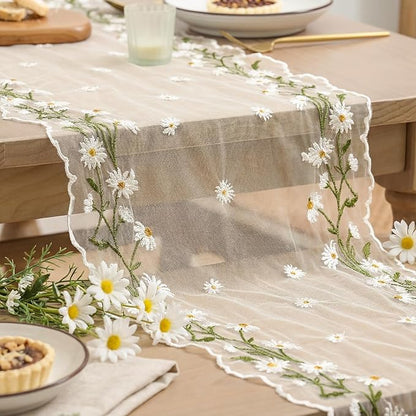 Artoid Mode Daisy Floral Beige Apricot Shaped Gauze Embroidery Table Runner 120 - Image 7
