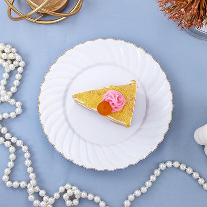 U-QE 100 Pieces Gold Plastic Plates - Premium White Plastic Plates for Party, Wedding and Daily Use Including 50PCS 9 '' Plastic Dinner Plates & 50PCS 6.5 '' Plastic Dessert Plates