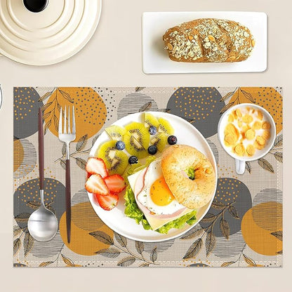 Leaves Place Mats Set of 6, Stripes and Dots Table Mats,Heat Insulation Non Slip Washable Dining Placemats for Wedding Holiday Party Kitchen Decor 12X18 in