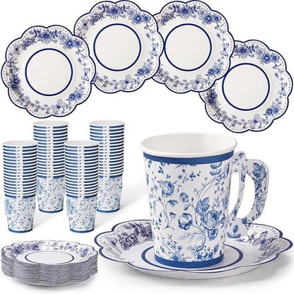FillTouch 100 Sets Blue Floral Paper Tea Cups and Saucers Disposable Paper Tea by FillTouch