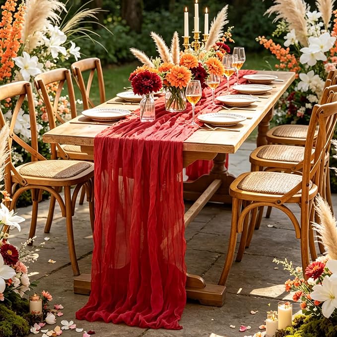 6Pcs Red Table Runner, 10FT Rustic Gauze Red Table Runner 35*120inch Boho Table - Image 7