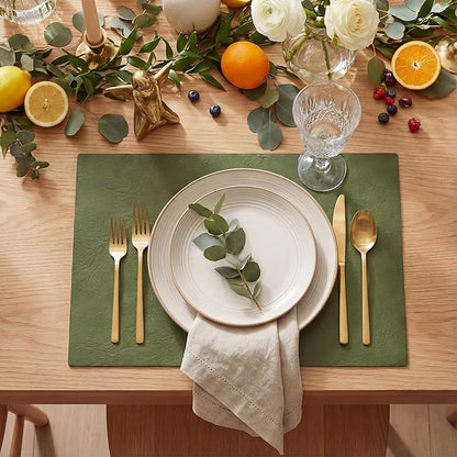 Artoid Mode Olive Green Faux Leather Placemats Set of 6, 12x18 Inch Waterproof Wipeable Heat Resistant Vinyl Place Mats, Reversible Table Mats for Kitchen Dining Decor