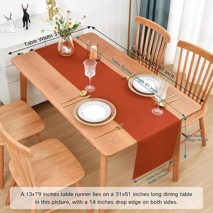 Faux Linen Table Runner Water Resistant 13 x 72 in, Rust | Farmhouse Rustic - Image 2