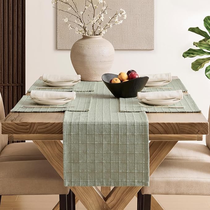 Artisanal Grid Linen Table Runner, 13x108 Inches Seeding Green | Heavy Textured - Image 4