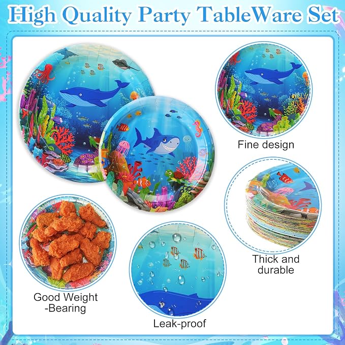 Pickmesh 250 Pcs Under The Sea Party Supplies Ocean Theme Paper Plates Napkins - Image 3
