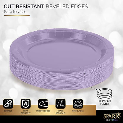 Disposable Paper Plates Lavender, 7 Inch Paper Dessert Plates, Strong and Sturdy Disposable Plate for Party, Dinner, Holiday, Picnic, or Travel Party Plate, Pack of 50