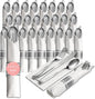 Prestee 25 Plastic Silverware Set, Pre-Rolled - 100pc Disposable Flatware with Forks, Knives, Spoons and White Napkins - Dinner Utensil Sets for Catering Supplies Buffet Display, Parties and Weddings