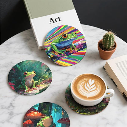 Frog Coasters Leather Round Drink Coasters 6 Pcs Set with Holderor for Cup Drink Coffee Table Bar Home Decor